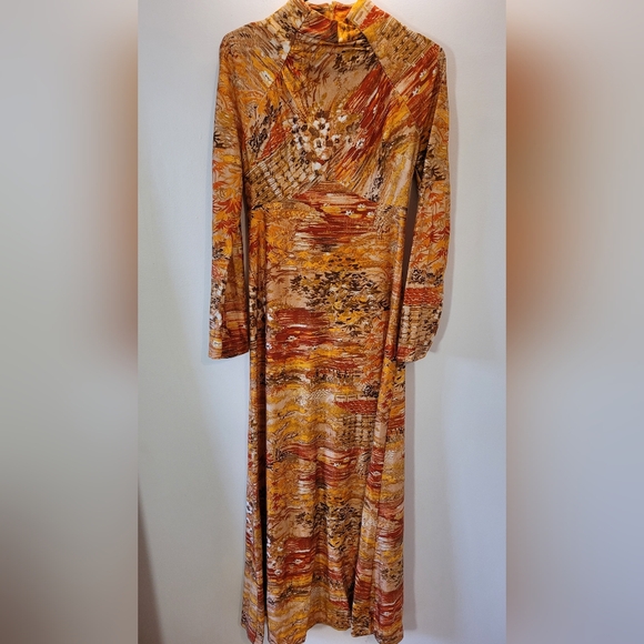 Vintage 70s Wm.G Junior Originals Orange Floral Maple Leaf Long Sleeve Dress - S - Picture 2 of 7